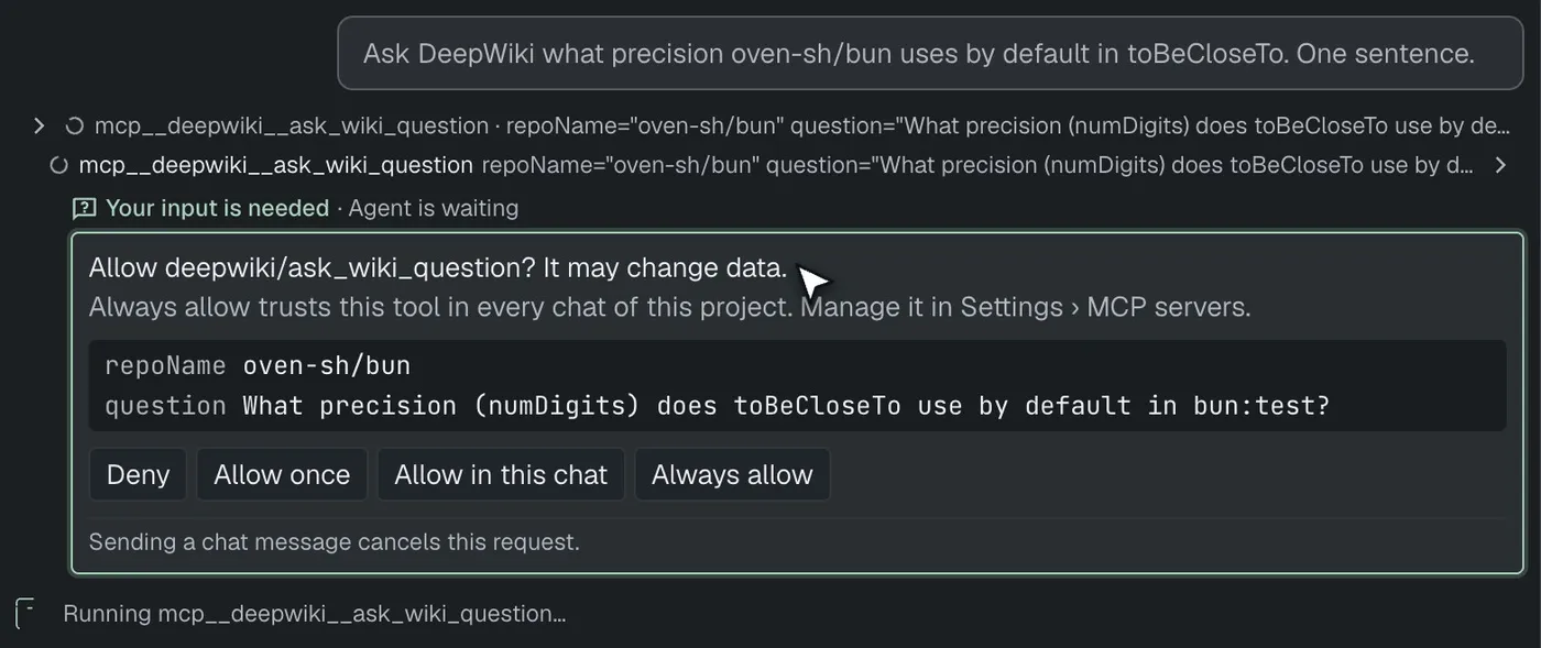 The MCP approval prompt on the tool card